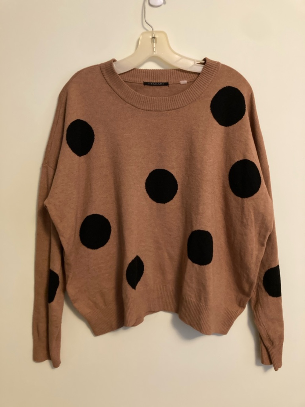 Tahari Taupe Crewneck Sweater with Black Polka Dot Accents